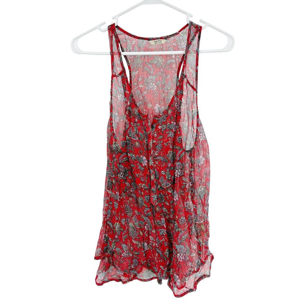 $2/30 JACK WILLS Silk-like Top Size 8 Red Sheer Viscose India Art Print Floral